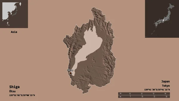 日本石贺县及其首府的形状 距离刻度 预览和标签 彩色高程图 3D渲染 — 图库照片