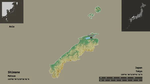 島根県 日本の県 首都の形 距離スケール プレビューおよびラベル 地形図 3Dレンダリング — ストック写真