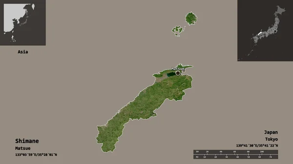 日本岛内的形状和它的首都 距离刻度 预览和标签 卫星图像 3D渲染 — 图库照片