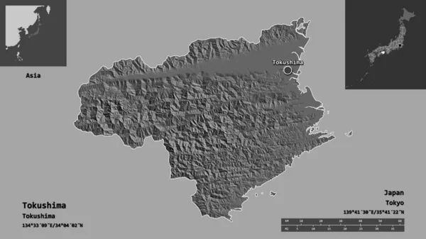 Shape Tokushima Prefecture Japan Its Capital Distance Scale Previews Labels — Stock Photo, Image