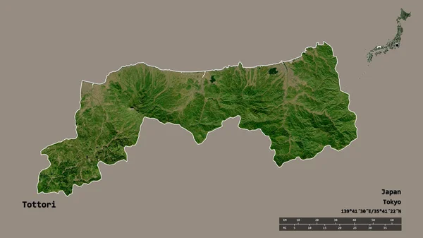 日本の鳥取県の形で その首都はしっかりとした背景に孤立しています 距離スケール リージョンプレビュー およびラベル 衛星画像 3Dレンダリング — ストック写真