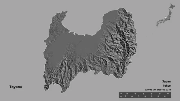 日本の富山県の形で その首都はしっかりとした背景に隔離されています 距離スケール リージョンプレビュー およびラベル 標高マップ 3Dレンダリング — ストック写真