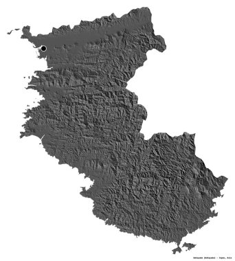 Japonya 'nın başkenti Wakayama' nın beyaz arka planda izole edilmiş hali. Çift seviyeli yükseklik haritası. 3B görüntüleme