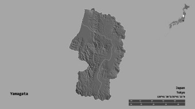 Japonya 'nın Yamagata ili, başkenti katı bir zemin üzerinde izole edilmiştir. Uzaklık ölçeği, bölge önizlemesi ve etiketleri. Çift seviyeli yükseklik haritası. 3B görüntüleme