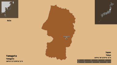 Yamagata 'nın şekli, Japonya vilayeti ve başkenti. Uzaklık ölçeği, ön gösterimler ve etiketler. Desenli dokuların bileşimi. 3B görüntüleme
