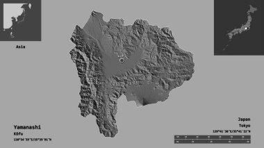 Yamanashi 'nin şekli, Japonya vilayeti ve başkenti. Uzaklık ölçeği, ön gösterimler ve etiketler. Çift seviyeli yükseklik haritası. 3B görüntüleme
