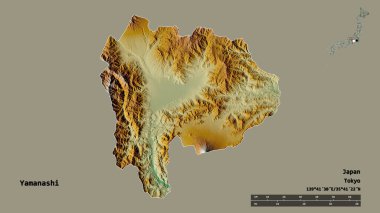 Japonya 'nın başkenti Yamanashi' nin suretinde, sermayesi katı bir zemin üzerinde izole edilmiştir. Uzaklık ölçeği, bölge önizlemesi ve etiketleri. Topografik yardım haritası. 3B görüntüleme