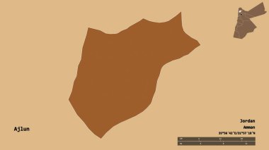 Ürdün 'ün Ajlun ili, başkenti katı bir zemin ile izole edilmiştir. Uzaklık ölçeği, bölge önizlemesi ve etiketleri. Desenli dokuların bileşimi. 3B görüntüleme