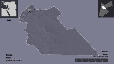 Amman 'ın şekli, Ürdün vilayeti ve başkenti. Uzaklık ölçeği, ön gösterimler ve etiketler. Renkli yükseklik haritası. 3B görüntüleme
