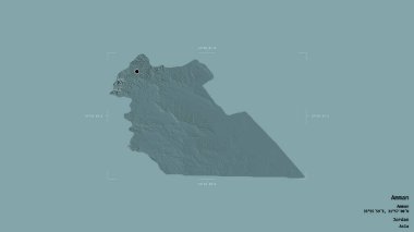 Amman bölgesi, Ürdün vilayeti, jeoreferatlı bir sınır kutusunda sağlam bir arka planda izole edilmiş. Etiketler. Renkli yükseklik haritası. 3B görüntüleme