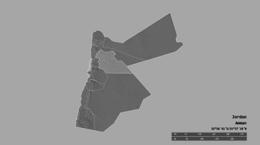 Ürdün 'ün, başkenti, ana bölgesel bölümü ve ayrılmış Amman bölgesiyle deforme olmuş hali. Etiketler. Çift seviyeli yükseklik haritası. 3B görüntüleme