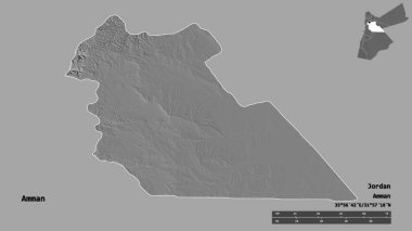 Ürdün 'ün başkenti Amman' ın sağlam bir arka planda izole edilmiş hali. Uzaklık ölçeği, bölge önizlemesi ve etiketleri. Çift seviyeli yükseklik haritası. 3B görüntüleme