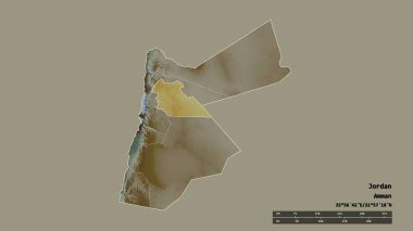 Ürdün 'ün, başkenti, ana bölgesel bölümü ve ayrılmış Amman bölgesiyle deforme olmuş hali. Etiketler. Topografik yardım haritası. 3B görüntüleme