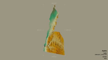 Ürdün 'ün Akabe bölgesinde katı bir arka planda izole edilmiş bir sınır kutusu var. Etiketler. Topografik yardım haritası. 3B görüntüleme