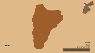 Ürdün 'ün Balqa eyaleti, başkenti sağlam bir zemin üzerinde izole edilmiştir. Uzaklık ölçeği, bölge önizlemesi ve etiketleri. Desenli dokuların bileşimi. 3B görüntüleme