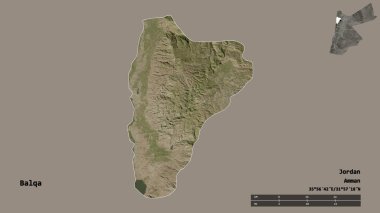 Ürdün 'ün Balqa eyaleti, başkenti sağlam bir zemin üzerinde izole edilmiştir. Uzaklık ölçeği, bölge önizlemesi ve etiketleri. Uydu görüntüleri. 3B görüntüleme