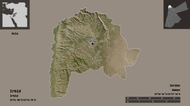 Ürdün vilayeti ve başkenti Irbid 'in şeklidir. Uzaklık ölçeği, ön gösterimler ve etiketler. Uydu görüntüleri. 3B görüntüleme