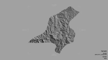 Jarash bölgesi, Ürdün vilayeti, jeoreferatlı bir sınır kutusunda sağlam bir arka planda izole edilmiş. Etiketler. Çift seviyeli yükseklik haritası. 3B görüntüleme