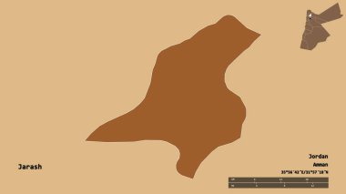 Ürdün 'ün Jarash bölgesinin başkenti sağlam bir zemin ile izole edilmiştir. Uzaklık ölçeği, bölge önizlemesi ve etiketleri. Desenli dokuların bileşimi. 3B görüntüleme