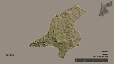 Ürdün 'ün Jarash bölgesinin başkenti sağlam bir zemin ile izole edilmiştir. Uzaklık ölçeği, bölge önizlemesi ve etiketleri. Uydu görüntüleri. 3B görüntüleme