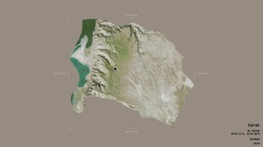Karak bölgesi, Ürdün vilayeti, jeoreferatlı bir sınır kutusunda sağlam bir arka planda izole edilmiş. Etiketler. Uydu görüntüleri. 3B görüntüleme