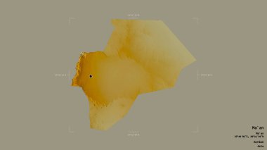 Ma 'an bölgesi, Ürdün vilayeti, jeoreferatlı bir sınır kutusunda sağlam bir arka planda izole edilmiş. Etiketler. Topografik yardım haritası. 3B görüntüleme
