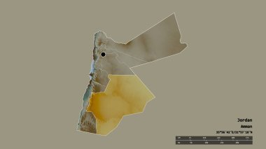 Ürdün 'ün, başkenti, ana bölgesel bölümü ve ayrılan Ma' an bölgesi ile biçimlendirilmiş hali. Etiketler. Topografik yardım haritası. 3B görüntüleme