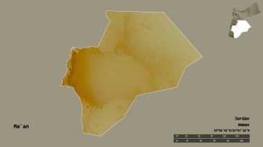 Ürdün 'ün Ma' an bölgesinin başkenti, sağlam bir zemin ile izole edilmiştir. Uzaklık ölçeği, bölge önizlemesi ve etiketleri. Topografik yardım haritası. 3B görüntüleme
