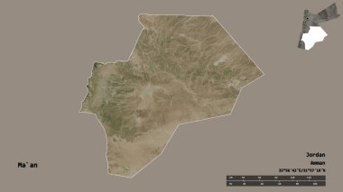 Ürdün 'ün Ma' an bölgesinin başkenti, sağlam bir zemin ile izole edilmiştir. Uzaklık ölçeği, bölge önizlemesi ve etiketleri. Uydu görüntüleri. 3B görüntüleme