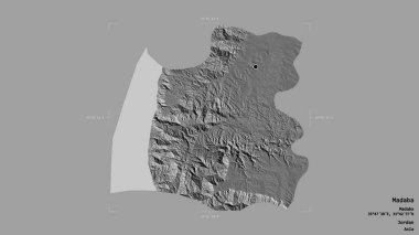 Madaba bölgesi, Ürdün, katı bir arka planda izole edilmiş jeoreferatlı bir sınır kutusunda. Etiketler. Çift seviyeli yükseklik haritası. 3B görüntüleme