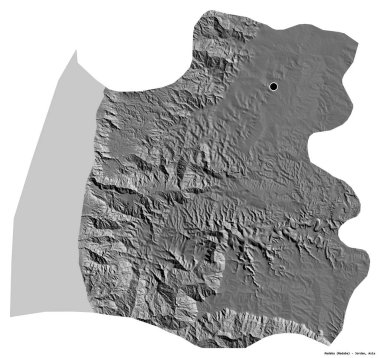 Ürdün 'ün başkenti Madaba' nın beyaz arka planda izole edilmiş hali. Çift seviyeli yükseklik haritası. 3B görüntüleme