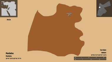 Madaba 'nın şekli, Ürdün ili ve başkenti. Uzaklık ölçeği, ön gösterimler ve etiketler. Desenli dokuların bileşimi. 3B görüntüleme