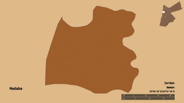 Ürdün 'ün Madaba eyaleti, başkenti sağlam bir zemin üzerinde izole edilmiştir. Uzaklık ölçeği, bölge önizlemesi ve etiketleri. Desenli dokuların bileşimi. 3B görüntüleme