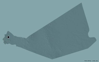 Ürdün 'ün başkenti Mafraq' ın katı renk arkaplanı ile izole edilmiş şeklidir. Renkli yükseklik haritası. 3B görüntüleme