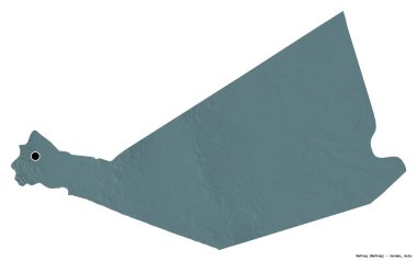 Ürdün 'ün başkenti beyaz arka planda izole edilmiş Mafraq şehri. Renkli yükseklik haritası. 3B görüntüleme