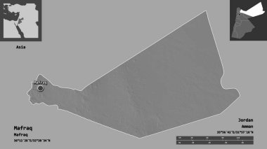 Mafraq, Ürdün vilayeti ve başkenti. Uzaklık ölçeği, ön gösterimler ve etiketler. Çift seviyeli yükseklik haritası. 3B görüntüleme