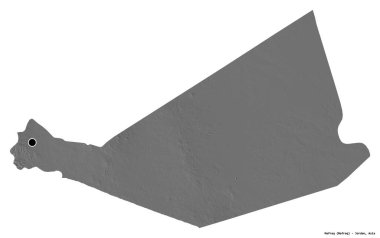 Ürdün 'ün başkenti beyaz arka planda izole edilmiş Mafraq şehri. Çift seviyeli yükseklik haritası. 3B görüntüleme