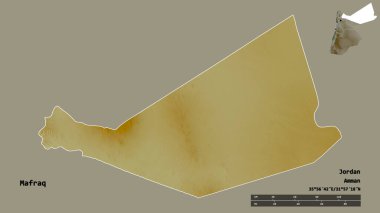 Ürdün 'ün başkenti Mafraq' ın sağlam arka planda izole edilmiş hali. Uzaklık ölçeği, bölge önizlemesi ve etiketleri. Topografik yardım haritası. 3B görüntüleme