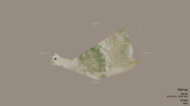 Mafraq bölgesi, Ürdün vilayeti, jeoreferatlı bir sınır kutusunda sağlam bir arka planda izole edilmiş. Etiketler. Uydu görüntüleri. 3B görüntüleme