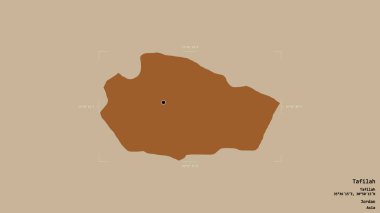 Ürdün 'ün Tafilah Bölgesi, katı bir arka planda izole edilmiş bir sınır kutusunda. Etiketler. Desenli dokuların bileşimi. 3B görüntüleme