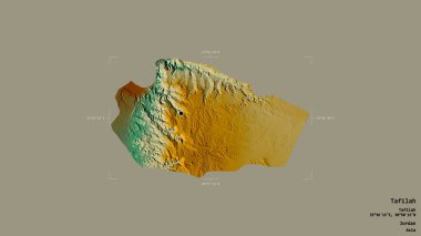 Ürdün 'ün Tafilah Bölgesi, katı bir arka planda izole edilmiş bir sınır kutusunda. Etiketler. Topografik yardım haritası. 3B görüntüleme