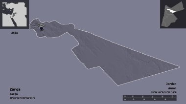 Zerkavi, Ürdün ili ve başkenti. Uzaklık ölçeği, ön gösterimler ve etiketler. Renkli yükseklik haritası. 3B görüntüleme