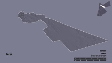Ürdün 'ün Zerkava bölgesi, başkenti sağlam bir zemin üzerinde izole edilmiştir. Uzaklık ölçeği, bölge önizlemesi ve etiketleri. Renkli yükseklik haritası. 3B görüntüleme
