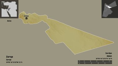 Zerkavi, Ürdün ili ve başkenti. Uzaklık ölçeği, ön gösterimler ve etiketler. Topografik yardım haritası. 3B görüntüleme