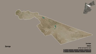 Ürdün 'ün Zerkava bölgesi, başkenti sağlam bir zemin üzerinde izole edilmiştir. Uzaklık ölçeği, bölge önizlemesi ve etiketleri. Uydu görüntüleri. 3B görüntüleme