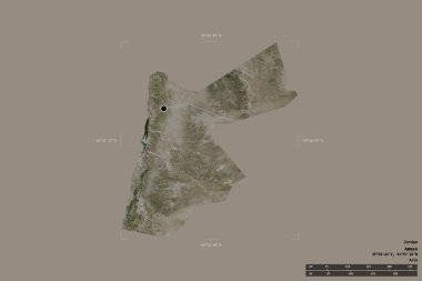 Ürdün bölgesi katı bir arka planda izole edilmiş bir sınır kutusunda. Ana bölgesel bölüm, mesafe ölçeği, etiketler. Uydu görüntüleri. 3B görüntüleme