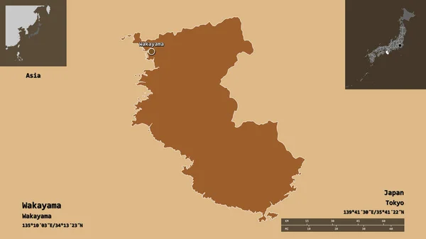 和歌山県 日本の県 首都の形 距離スケール プレビューおよびラベル パターン化されたテクスチャの構成 3Dレンダリング — ストック写真