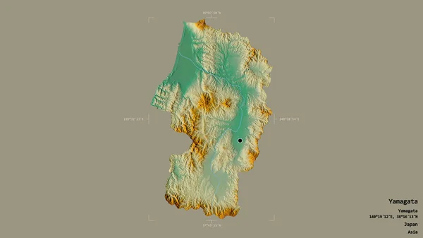 日本の山形県の地域は 地理的な境界線の箱の中にしっかりとした背景に隔離されています ラベル 地形図 3Dレンダリング — ストック写真