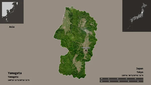 日本山田的形状和它的首都 距离刻度 预览和标签 卫星图像 3D渲染 — 图库照片