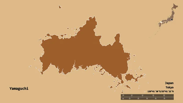 日本の山口県の形で その首都はしっかりとした背景に隔離されています 距離スケール リージョンプレビュー およびラベル パターン化されたテクスチャの構成 3Dレンダリング — ストック写真